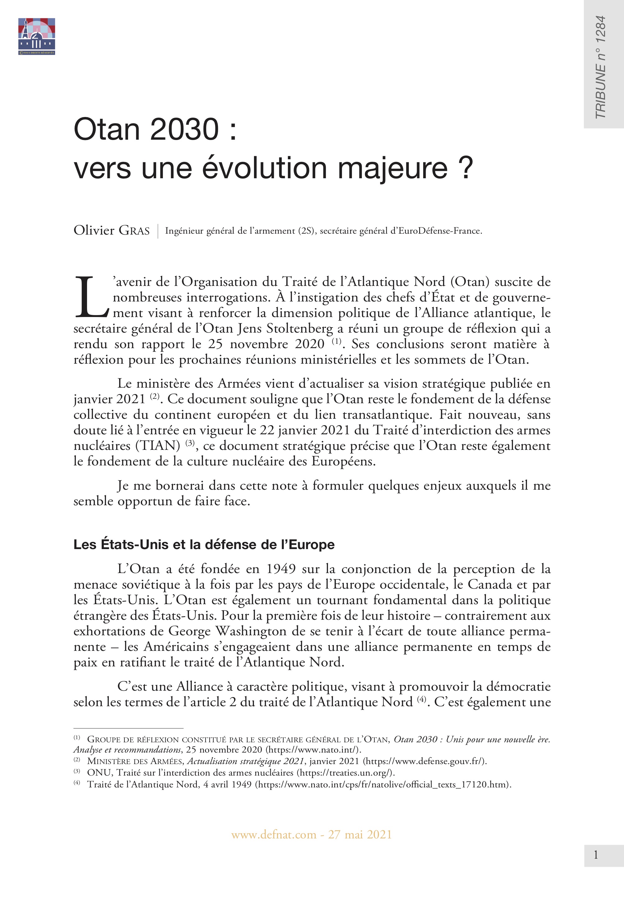 Otan 2030 : vers une évolution majeure ? (T 1284)
